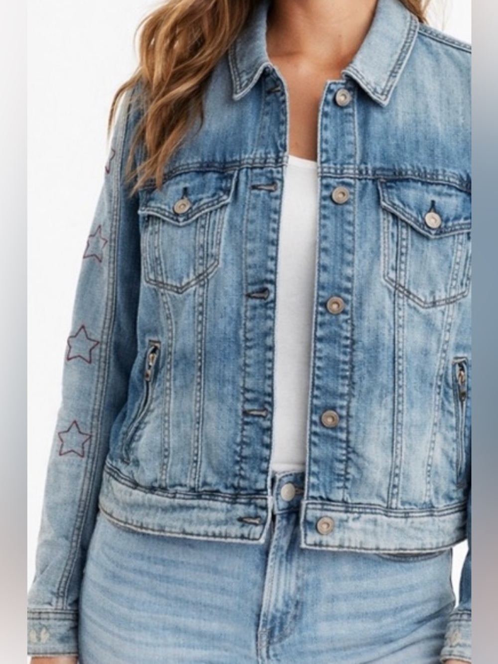 American Eagle Outfitters Two-Tone Faded Light Blue Denim Jacket, Medium